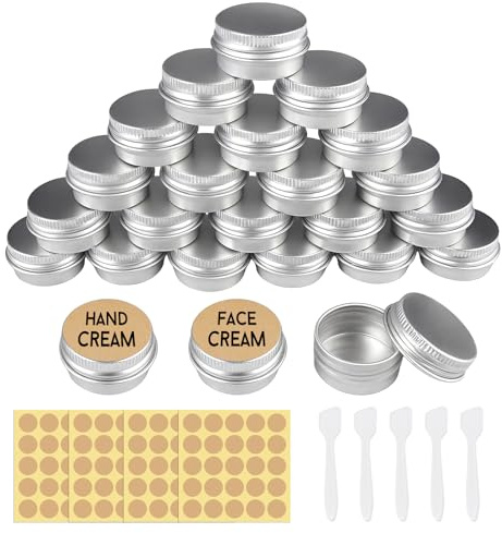 24 Pièces Pots en Aluminium, 5ml Petite Boite Metal Ronde, Petit Pot de Creme Vide avec Spatule et Autocollants, Pot Cosmetique Vide pour Maquillage, Crème, Baume à Lèvres, Stockage de Voyage