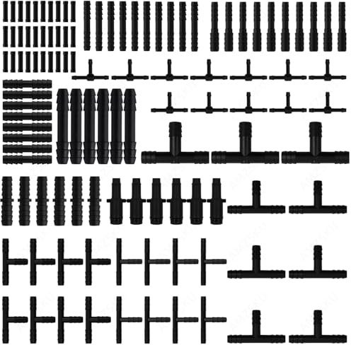 AMZSKU 113 STK Schlauchverbinder Set - 12 Größen Schwarz T Stück Gerade Stück und Reduzierstück - für Scheibenwaschanlage Schlauch, Gartenschläuche und Bewässerungssystem