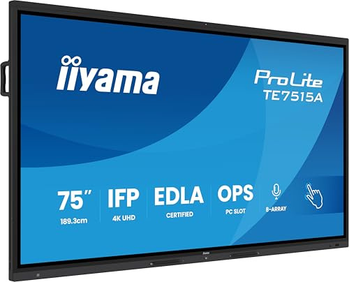 iiyama Prolite TE7515A-B2AG 189.3cm 75 VA LED interaktives Display 4K UHD 40 Touchpunkte DeepContrast-IR++ HDMI DP USB-C DP-Alt USB2.0/3.2 RJ45 WiFi OPS Android 14 Google EDLA PIR NFC AntiGlare 24/7