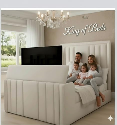 Luxury Velvet TV Bed Frame with Ottoman Storage, Electric TV Lift, Double/King/Super King Sizes, Modern Sleigh Design (Silver, 4ft 6in double with storage)