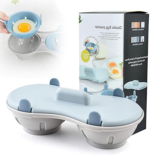 Hbzunt Egg Poacher Microwave Cooker, 2 Cavity Edible Silicone Double Drain Poached Egg Cups, Microwave Egg Poacher Kitchen Cooking Gadgets (Light Blue)