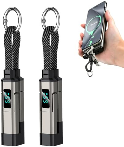 Xivicii 2 Pcs Keychain Charging Cable, 4 in 1 Black Digital Display Keychain Charger Cable, Short Braided Multi Interface Lanyard Cord for Office, Cars, Travel