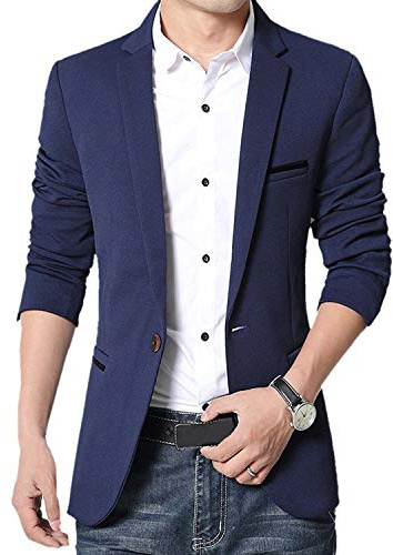 Gopune Men's Slim Fit Casual One Button Suits Coat Solid Blazer Business Jacket(Blue,XL)