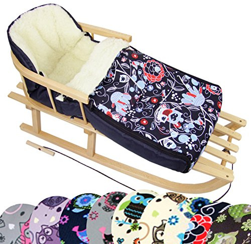 BAMBINIWELT Kombi-Angebot Holz-Schlitten mit Rückenlehne & Zugseil + universaler Winterfußsack (90cm), auch geeignet für Babyschale, Kinderwagen, Buggy, aus Wolle im Eulendesign (Eule §9)