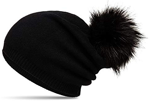 Caspar MU205 Gefütterte Damen Feinstrick Long Beanie Mütze mit tierschutzgerechtem Kunstfell Bommel