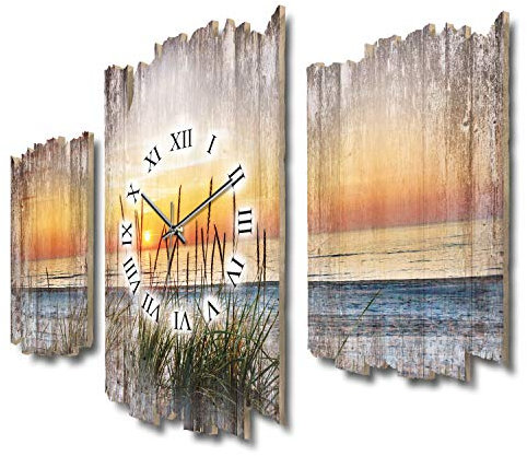 Kreative Feder Dreiteilige Designer-Wanduhr Abendspaziergang am Strand Shabby-Chic Landhaus-Stil leise Quarzuhr ohne Ticken 95x60cm aus Holz (Abendspaziergang, leises Quarzuhrwerk)