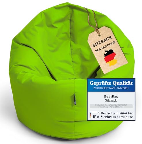 BuBiBag Sitzsack für Erwachsene -Indoor Outdoor XL Sitzsäcke, Sitzkissen oder als Gaming Sitzsack, geliefert mit Füllung (125 cm Durchmesser, kiwigrün)