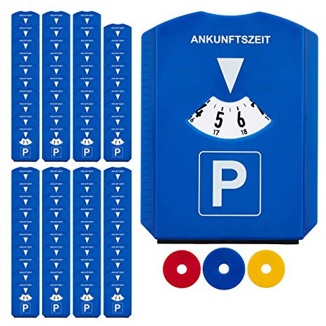 Relaxdays 80 x Parkscheibe im Set, Eiskratzer, 3 Einkaufswagenchips, Gummilippe, Parkuhr Auto, StVO, Kunststoff, Parkkarte, blau