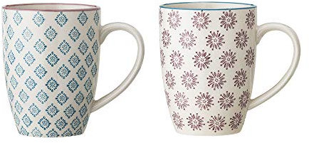 Bloomingville Tassen mit Henkel Patrizia Retro Kaffeetasse Teetasse Vintage Latte Macciato Becher ø 8 x H 10 cm, blau lavendel, Keramik, 2er Set, fasst ca. 300 ml