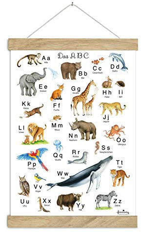 Fioniony DIN A3 ABC Poster Kunstdruck UNGERAHMT, OHNE HOLZLEISTE Tierposter Alphabet Lernposter Schulanfang 1. Klasse Kinderzimmer Weihnachten Bilder Zoo Wald Safari Afrika Kindergarten