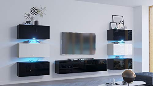 FURNITECH Wohnwand Wohnzimmer | Wohnzimmer Möbel mit LED RGB - 16 Farben | Hängend Wohnwand Modern | Wohnzimmer Schrankwand mit Regale und TV Schrank (Henri AN72-19BW-HG4-1B | 316cm)