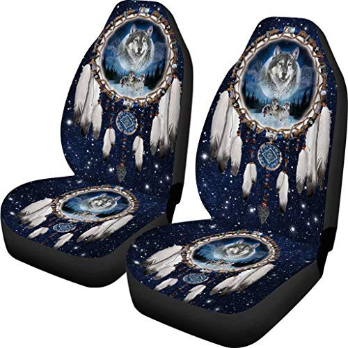 chaqlin Autositzbezüge-Set mit Traumfänger-Motiv, Wolfsdruck, für Damen und Herren, Fahrzeug-Vordersitz-Schutzmatten, Satteldecke, passend für die meisten Fahrzeuge, Autos, 2-teiliges Set