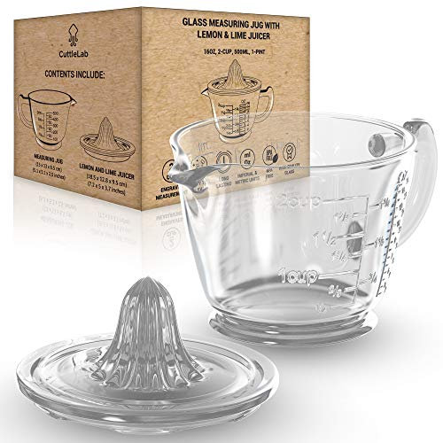 CuttleLab Glass 2-Cup Juicer (Clear) - Lemon and Lime Manual Squeezer, Citrus Reamer