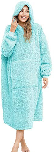 ililmmoe Sherpa tragbare Decke, Übergröße, Kapuzenpullover, Sweatshirt, TV-Decke mit Langen Ärmeln und Tasche, Einheitsgröße, Lakeblue