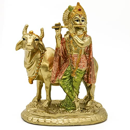 alikiki Hinduistische Gott, Lord Krishna, Statue – 13 cm H Baby Krishna Idol mit Kuh Nandi Statue Indischer Diwali Mandir Murti Pooja Artikel Home Office Altar Schrein Puja Dekor