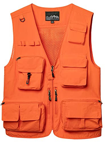 KTWOLEN Herren Anglerweste Sommer Leicht Schnelltrockenweste Funktionsweste Outdoor Fotografie Hundesport Weste Ärmellos Safari Weste mit Viele Taschen, Orange, XXL
