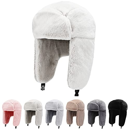 Peicees Trappermütze für Damen Ushanka Russische Mütze mit Ohrenklappe, Weiß, 7/ 7 5/8