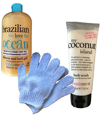 Treaclemoon Bundle of Brazilian Shower and Bath Gel (500 ml) My Coconut Island Body Scrub (225 ml) with a Pair of Exfoliating Gloves.