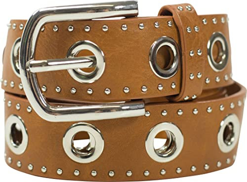 fashionchimp Damengürtel mit XXL-Ösen und Nietenbesatz, Gürtel im Vintage-Look, Jeansgürtel, Breite ca. 3,5cm (Cognac, BW80cm - Gesamtlänge 95cm)