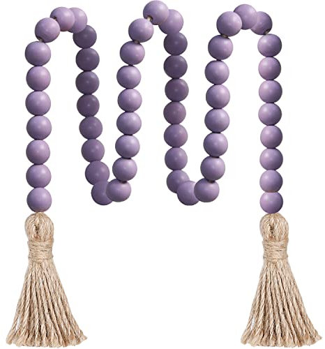 Meplait 39in Wood Bead Garland, Farmhouse Boho Prayer Beads Wall Hanging Home Decor with Tassels (Purple)