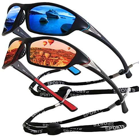 yoofun Lunettes de Soleil Polarisées pour Hommes Femmes UV400 de Fishing Golf Cyclisme Conduite Pêche, Pistolet Noir Bleu + Noir Argenté Rouge