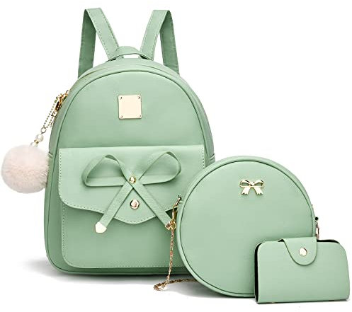 I IHAYNER Mädchen-Rucksack mit Schleife, 3-teilig, aus Fahsion-Leder, Rucksack für Damen, Schultertasche, Grün , Medium, Rucksack, Rucksäcke