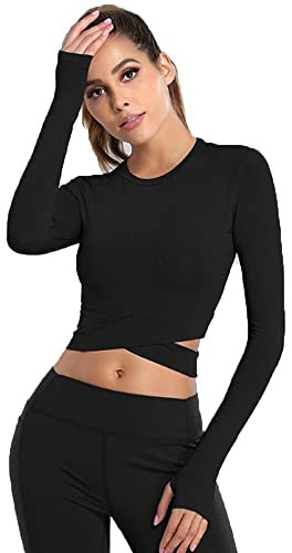 Gym Yoga Crop Top für Frauen Damen Langarm Laufshirt Sportshirt mit Daumenloch Funktionsshirt Atmungsaktiv Sport Oberteil Fitness Kleidung