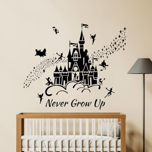 Tanlaby Fata Castello Adesivi Murali Peter Pan Adesivi Da Parete Non Crescere Mai Citazioni Stickers Muro per Bambini Camera da Letto Stanza Della Scuola Materna Asilo Nido Decorazioni Murali(Nero)