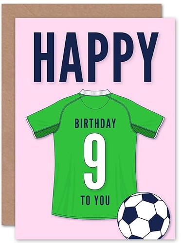 Artery8 Soccer Football 9th Birthday Card for Boys Girls Green Jersey Football Top on Pink Background