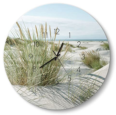 DEQORI Glasuhr | rund Ø 50 cm | Motiv Dünen an Nordseeküste | große XXL Design Uhr aus Glas | leise Wanduhr für Wohnzimmer & Küche | moderne Hingucker Uhr für die Wand