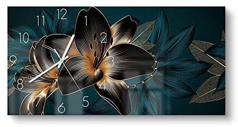 DEQORI Glasuhr | vertikal 60x30 cm | Motiv Hochwertige Liliengrafik | große XXL Design Uhr aus Glas | leise Wanduhr für Wohnzimmer & Küche | moderne Hingucker Uhr für die Wand
