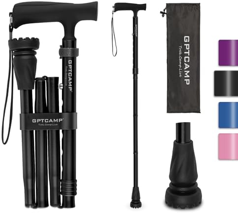 GPTCAMP G2 Walking Stick, Fold-up Walking Cane for Women and Men with Wrist Strap, Portable, Foldable, Collapsible, Lightweight and Sturdy with Comfortable T Handle