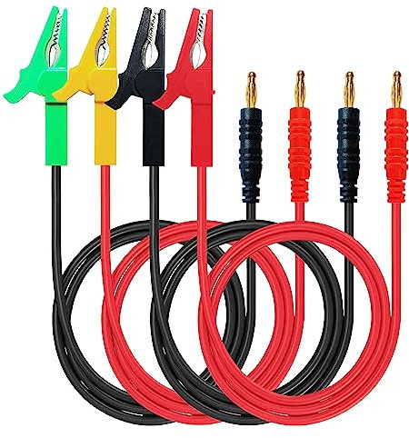 WOODGUILIN Bananes à Test Pinces crocodiles,Pinces crocodiles sur fiche banane 4mm Câble de test,30A 4 couleurs,12AWG 30cm de câble.pour test électrique,multimètre,test batterie(2 Pairs 4 Color Clips)