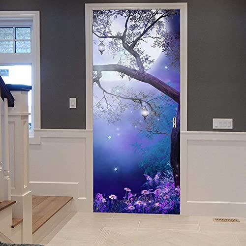 3D Türaufkleber 90 X 200 Cm Türtapete Selbstklebend Fototapete Türpanel Türposter Türfolie Türsticker Pvc Wasserfest Wandbild Wandaufkleber Für Wohnzimmer Kinder Bad Schlafzimmer, Vollmond Lila Fanta