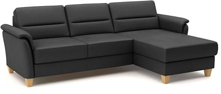 CAVADORE Leder-Eckcouch Palera mit Longchair / Landhaus-Sofa mit Federkern, Schlaffunktion + Bettkasten / 244 x 89 x 163 / Leder Schwarz