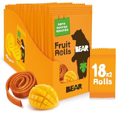 BEAR Fruit Rolls Saveur Mangue | 100% Ingrédients Naturels | 18x20g (360g) | Goûter Sain pour Enfants & Adultes | Sans Sucres Ajoutés