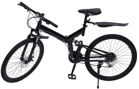Queeucaer 26 Mountain Bike, Folding Bike,Rigid Frame，21 Speed Bikes Bicycle,MTB Disc Brake,Adjustable Seat Height,Fork Suspension, with Frame Bag，Black