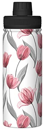 XqmarT Botella de agua, flor de tulipán rosa, hoja gris, termos aislados, vaso de vacío de acero inoxidable de 18 onzas, frasco de agua
