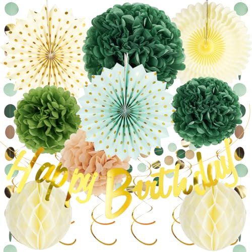 Geburtstag Deko Grün Beige, Happy Birthday Girlande, Pompons Deko Grün, Geburtstagsdeko Frauen, Papierfächer Wabenbälle Party Deko, Salbeigrün Geburtstagsdeko für Gartenparty Babyparty Hochzeit