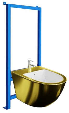 LAVITA Vorwandelement für Bidet LAV 500 + Wand-Bidet Sofi Gold/White Komplettset Wand-Hänge Bidet mit Hahnloch und Überlaufschutz aus Keramik WC Hygienisch und Pflegeleicht 36,5x49x32,5 cm