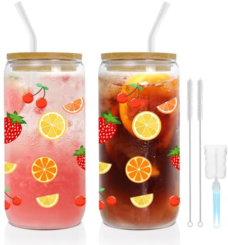 YUEYEE Geschenke für Frauen Männer Trinkgläser Iced Coffee Glas in Dosenform mit Glasstrohhalmen Bambusdeckel,Wiederverwendbares Bubble Tea Becher,Smoothie Becher für Soda Bier Cola Cocktail Whiskey
