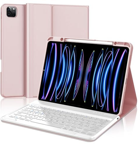 WAVATA Tastiera per iPad Pro 12.9 6ª/5ª/4ª/3ª Gen, Custodia Tastiera per iPad Pro 12.9 Pollici 2022/2021/ 2020/2018 Tastiera Magnetica Staccabile Cover con Slot a Penna, Rosa