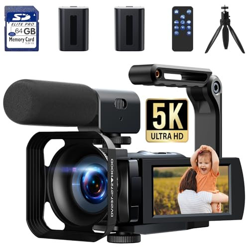 HOTPEAK 5K Video Camera Camcorder 56MP WIFI YouTube Vlogging Camera 3” 270° Rotatable Touchscreen Podcast Camera Recorder with 64G SD Card,Microphone,Handheld Stabilizer,Hood,Remote,2 Batteries,Tripod