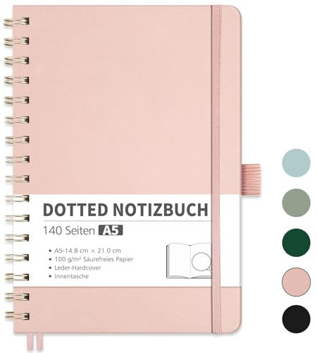 RETTACY Notizbuch A5 Dotted, Bullet Dot Journal mit 100 g/m² Dickem Papier, 70 Blatt, Notebook für Büro und Schule, Lederhülle, Roségold, 14.8 cm x 21 cm