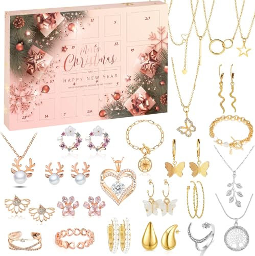 Schmuck Adventskalender 2024 Frauen Mädchen, Weihnachtskalender mit 24 Überraschungen, Weihnachten Geschenke für Teenager Damen, Schmuck Darunter Halskette Armbänder Ringe Ohrringe Ohrstecker