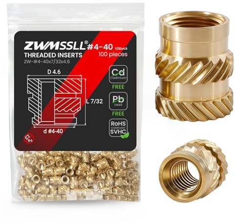 ZWMSSLL #4-40 Heat Set Gewindeeinsätze, 100 Stück 4-40x7 / 32x4.6-Zoll Messing Heat Set Einsatz für Kunststoffteile, UNC knurlete Muttern, Einfügen durch Hitze in 3D-Druckkomponenten