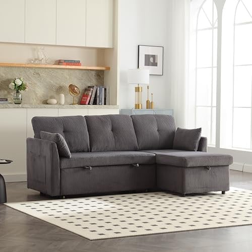 Lexiou Multifunktionales Schlafsofa, austauschbares Chaiselongue, Sofa, modulares L-förmiges Sofa mit Stauraum, mit ausziehbarem Bett (Dunkelgrau)