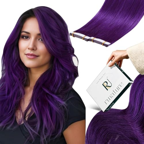 RUNATURE Tape in Extensions Echthaar Lila 35cm Glatt Menschliches Haar Extensions Echthaar Tape 25g 10 Stück Invisible Tape Extensions Echthaar Bunt Haarextensions #Purple