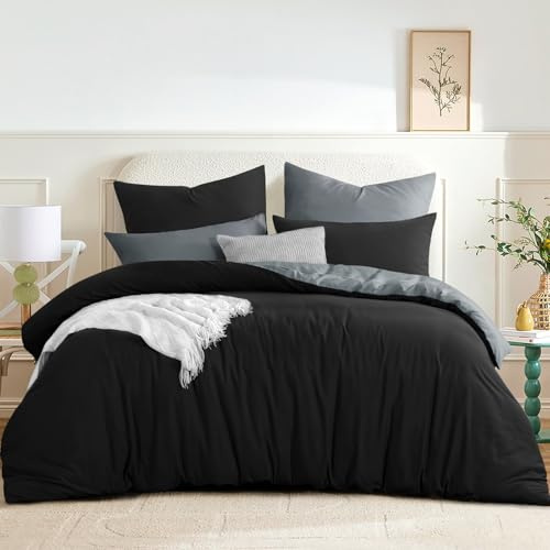 RUIKASI Bettwäsche 200x200 3teilig Mikrofaser, Schwarz Grau | Wendebettwäsche 1 Bettbezug + 2 Kissenbezuge 80x80 cm mit Reißverschluss OEKO-TEX Bettwäsche Sets, Weich und Bügelfrei