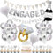 Engagement Party Decorations Balloon Kit - 46 Pcs Silver Happy Engagement Banners Ring Wine Bottle Foil Balloons Triangle Bunting Cupcake Toppers For Proposal Wedding Engagement Party Bridal Shower